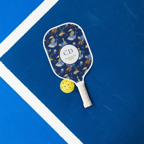 Blue white ocean whales turtles monogram pickleball paddle