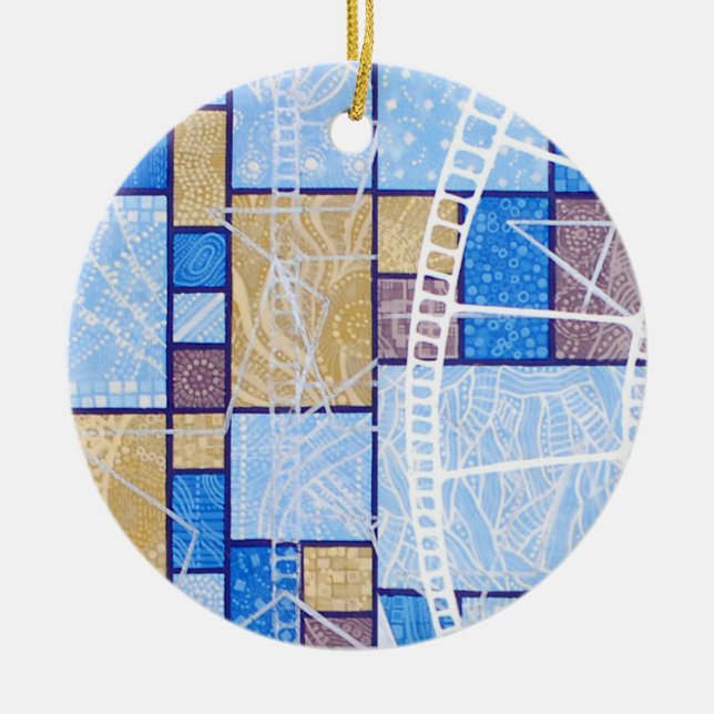 Blue white ocher abstract pattern, stars & squares ceramic ornament (Front)
