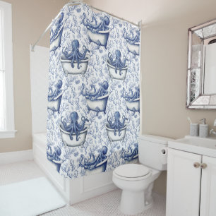 Blue White Octopus in Bath Vintage Pattern  Shower Curtain