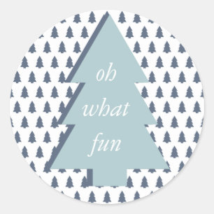 Blue White Oh What Fun Christmas Tree Pattern Classic Round Sticker