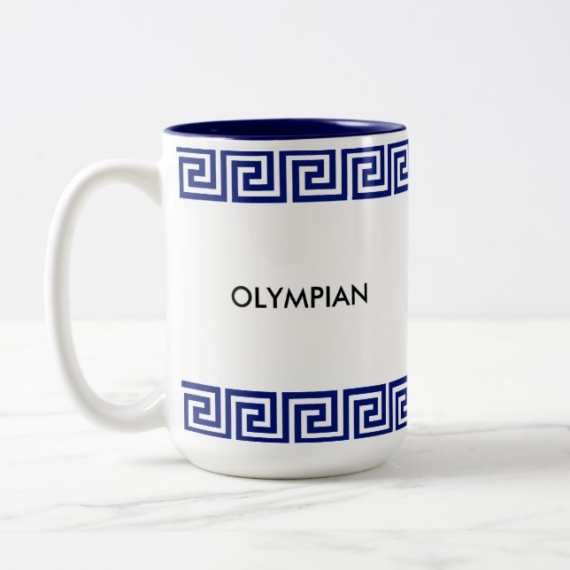 Blue & White Olympian Greek Geometric Pattern Two-Tone Coffee Mug (Left)