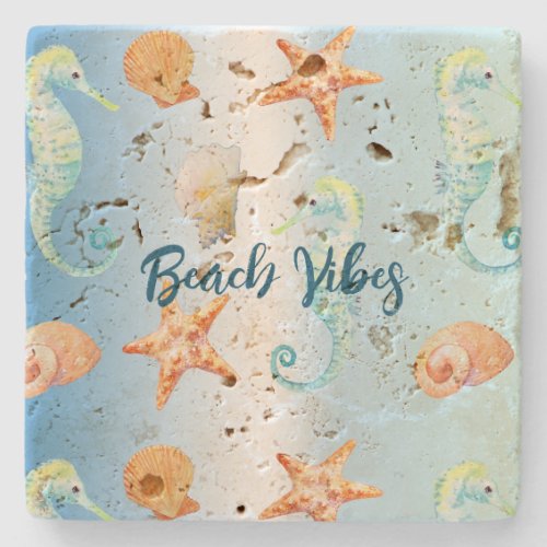 Blue White Ombre Shells Seahorse Starfish Stone Coaster