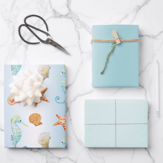 Blue White Ombre Shells Seahorse Starfish Wrapping Paper Sheets (Front)