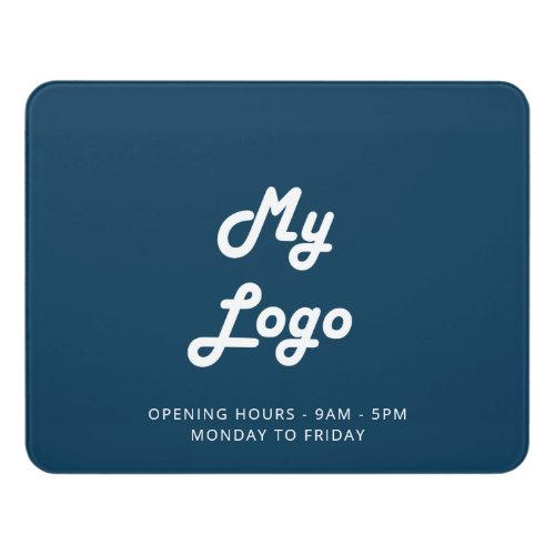 Blue white opening hours business logo door sign