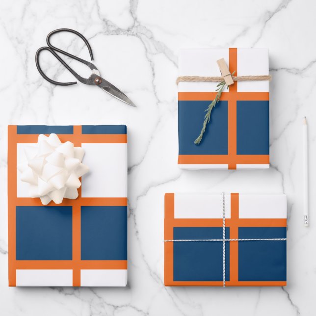 Blue White Orange Checkered Checkerboard Wrapping Paper Sheets (Front)
