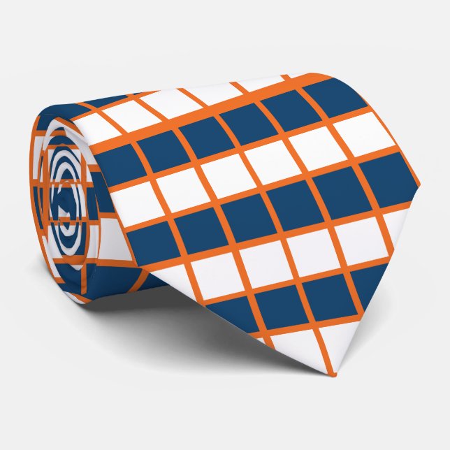 Blue White Orange Checkered Pattern Neck Tie (Rolled)