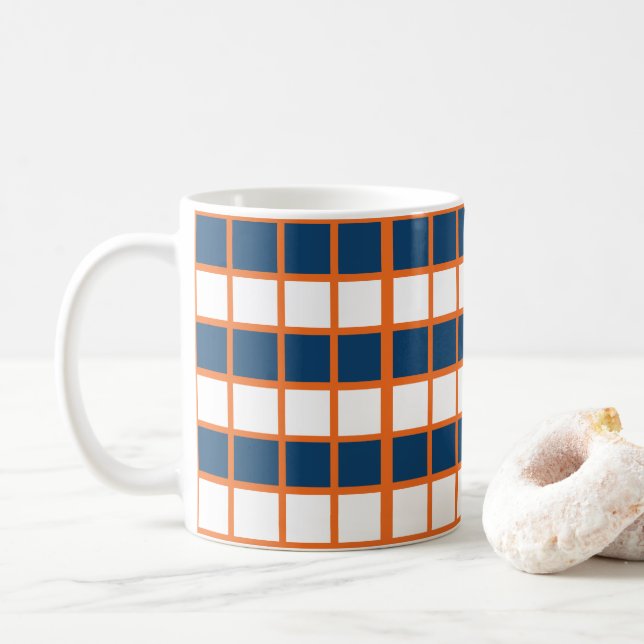 Blue White Orange Checks Checkered Coffee Mug (With Donut)