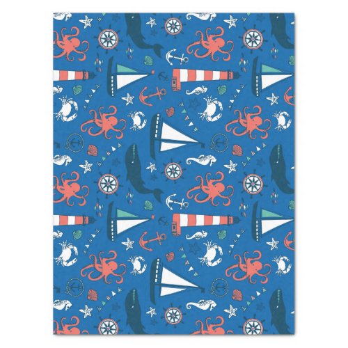 Blue White  Orange Nautical Pattern Tissue Paper