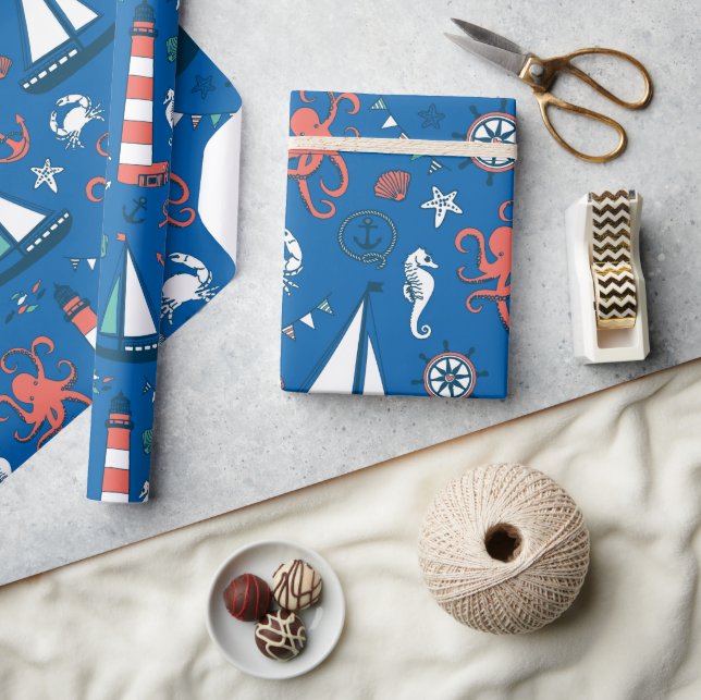 Blue White & Orange Nautical Pattern Wrapping Paper (Crafts)