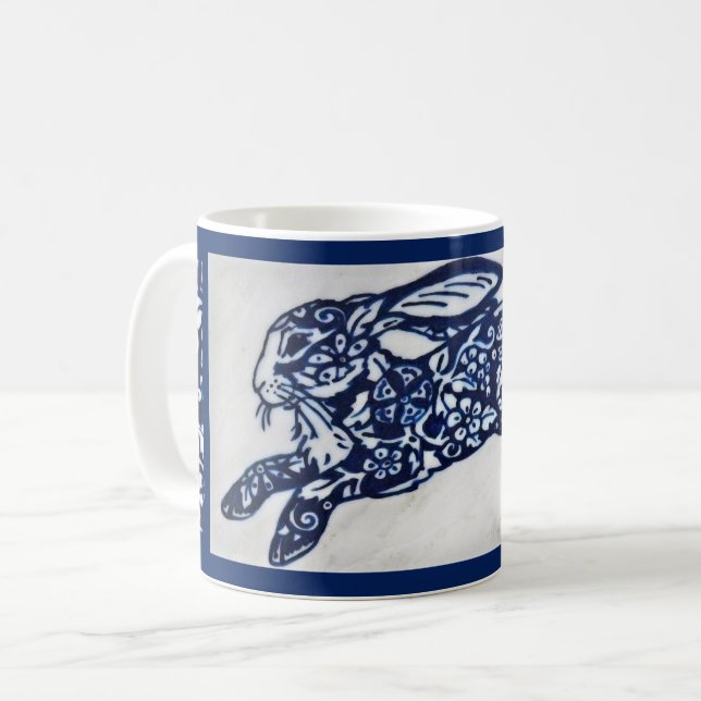Blue & White Oriental Rabbit Designer Coffee Mug (Front Left)