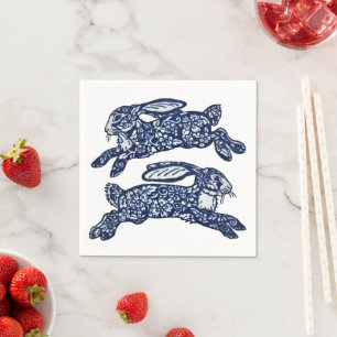Blue & White Oriental Rabbits Bunny Delft Dedham Napkins
