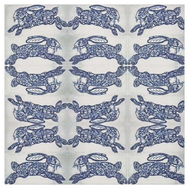 Blue White Oriental Style Rabbits Designer Fabric (Swatch)