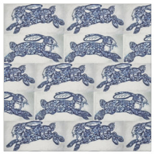 Blue White Oriental Style Rabbits Designer Fabric