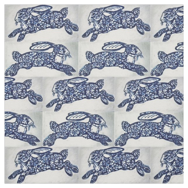 Blue White Oriental Style Rabbits Designer Fabric (Swatch)