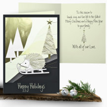 Blue White Origami Christmas Hedgehog on a Sled