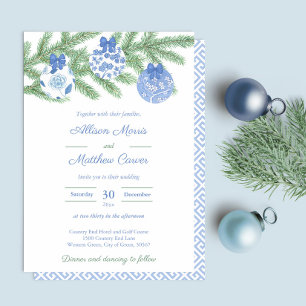 Blue White Ornaments Fir Tree Holidays Wedding Invitation