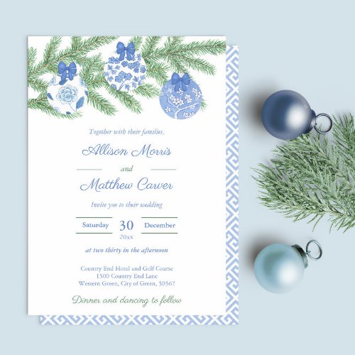 Blue White Ornaments Fir Tree Holidays Wedding  Invitation