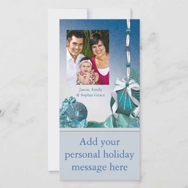 Blue White Ornaments Photo Christmas Cards (Front)