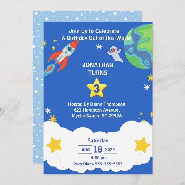 Blue White Outer Space Birthday Party Invitation (Front/Back)