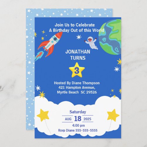 Blue White Outer Space Birthday Party Invitation