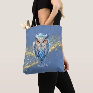 Blue & White Owl Gold Glitter Blue Halloween Tote Bag