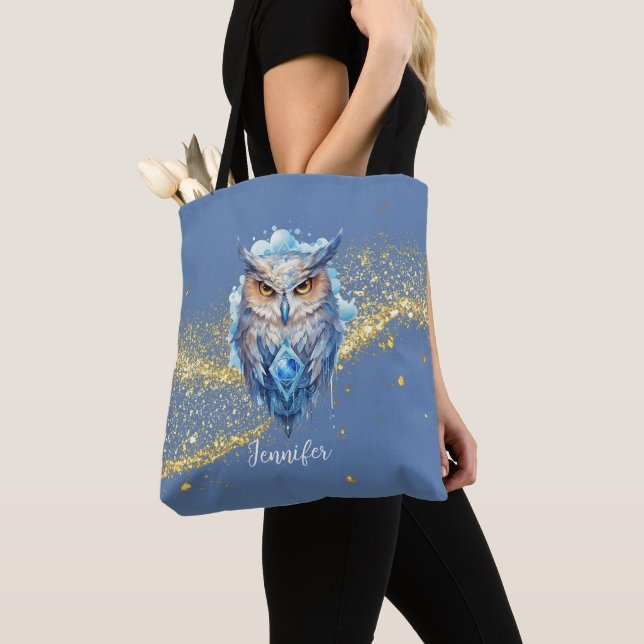 Blue & White Owl Gold Glitter Blue Halloween Tote Bag (Close Up)