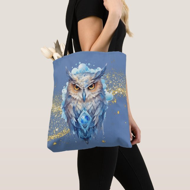 Blue & White Owl Gold Glitter Blue Halloween Tote Bag (Close Up)