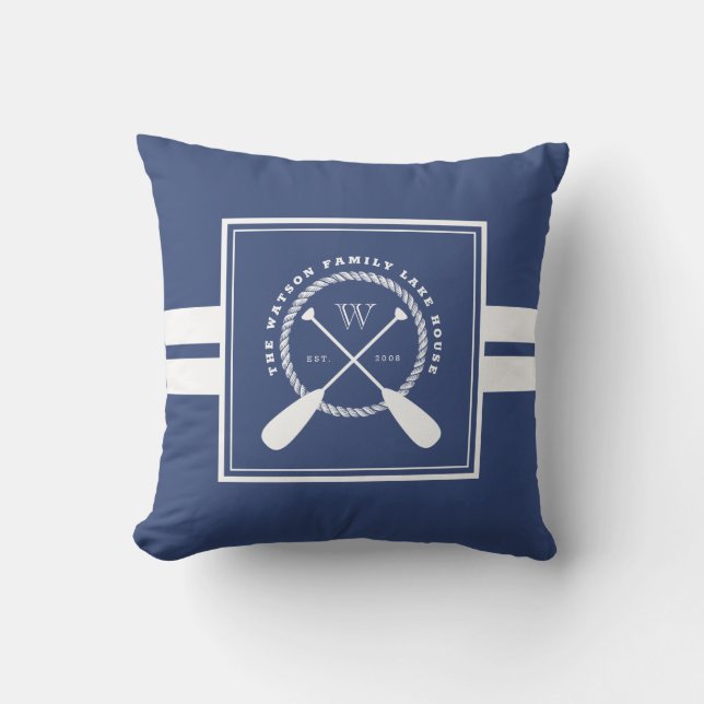 Blue White Paddles Lake House Monogram Throw Pillow (Front)