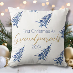 Blue White Pagoda Christmas Tree First Christmas Throw Pillow