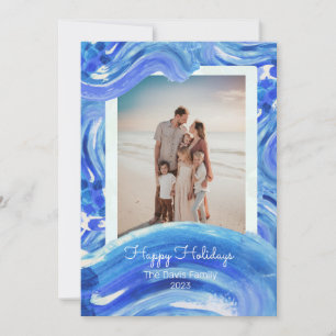 Blue White Painterly Wave Christmas Family Photo Holiday Card