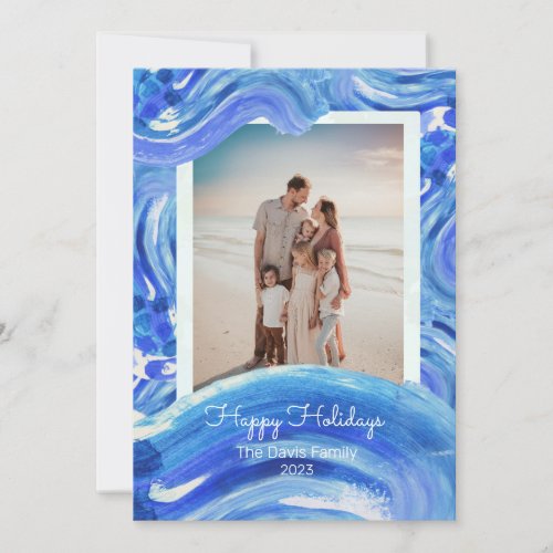 Blue White Painterly Wave Christmas Family Photo Holiday Card