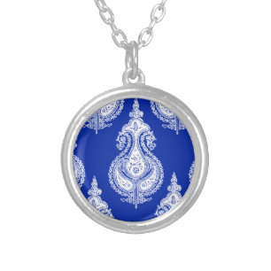 Blue white paisley customizable name silver plated necklace