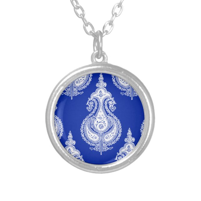 Blue white paisley customizable name silver plated necklace (Front)