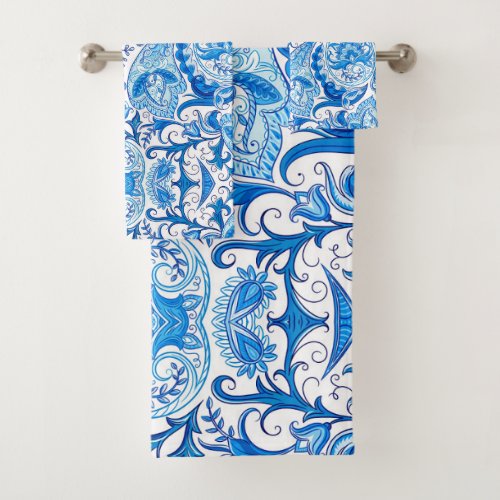 Blue  White Paisley Pattern Bath Towel Set