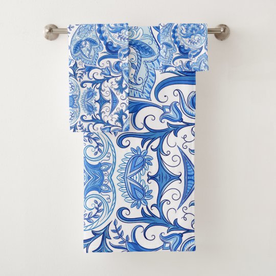 Blue & White Paisley Pattern Bath Towel Set