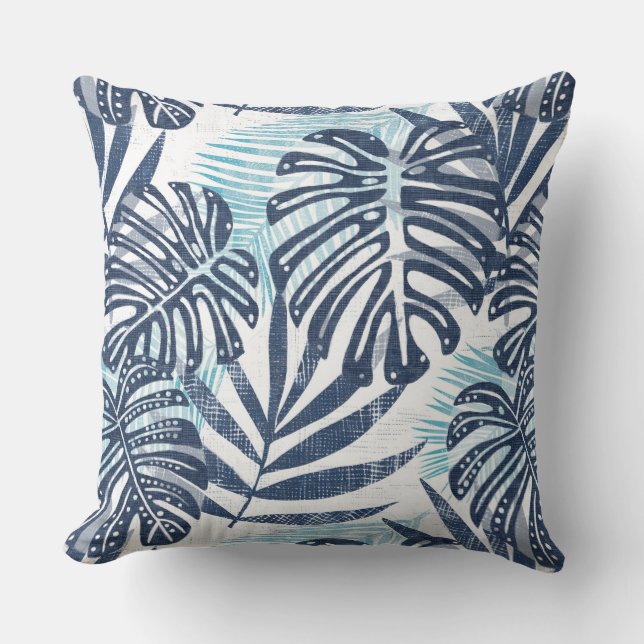 Blue & White Palm Leaf Throw Pillow (Front)