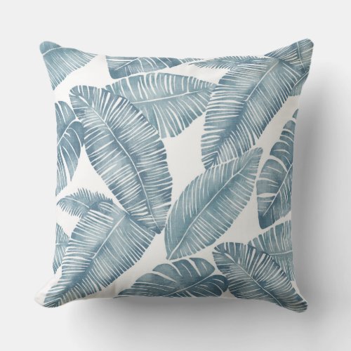 Blue  White Palm Leaf Throw Pillow