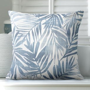 Blue & White Palm Leaf Throw Pillow