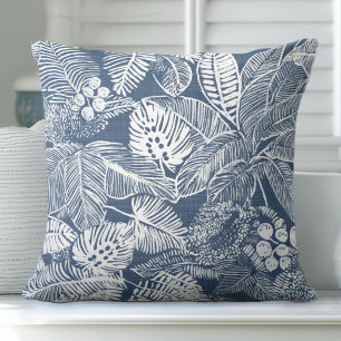 Blue & White Palm Leaf Throw Pillow