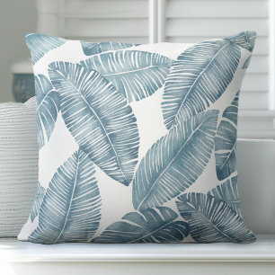 Blue & White Palm Leaf Throw Pillow