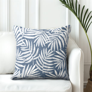 Blue & White Palm Leaf Throw Pillow