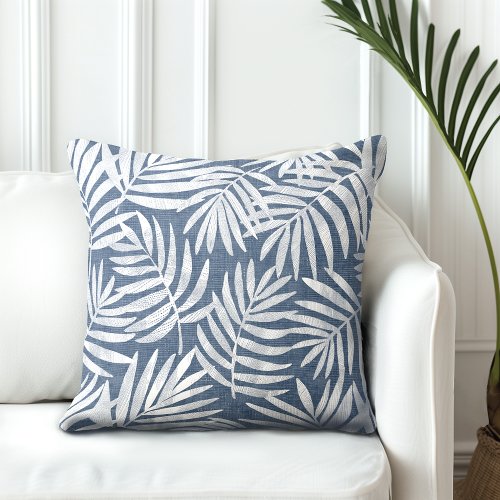 Blue  White Palm Leaf Throw Pillow