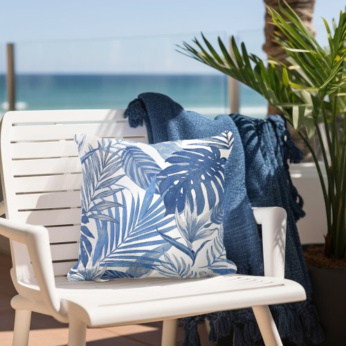 Blue White Palm Leaves Outdoor Pillow