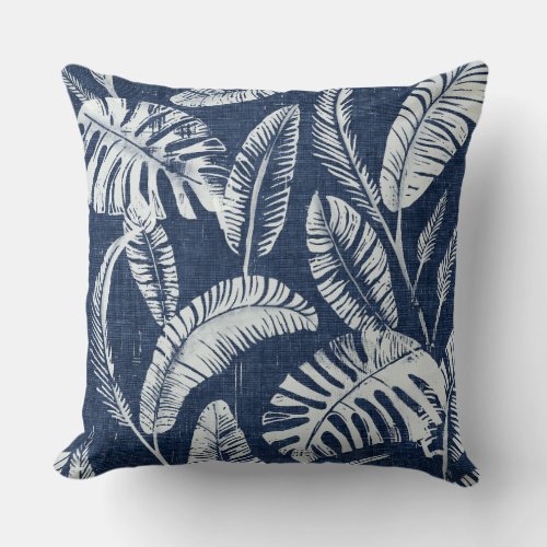 Blue White Palm Leaves Throw Pillow