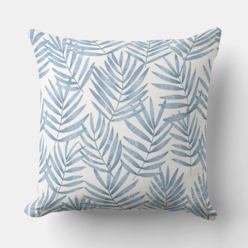Blue  White Palm Leaves Throw Pillow