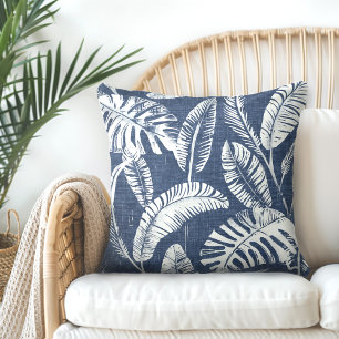 Blue White Palm Leaves Throw Pillow