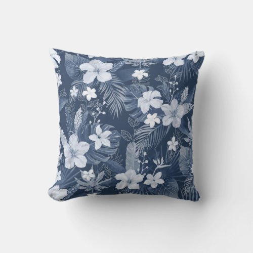  Blue White Palm Leaves Tropical Flowers Throw Pillow