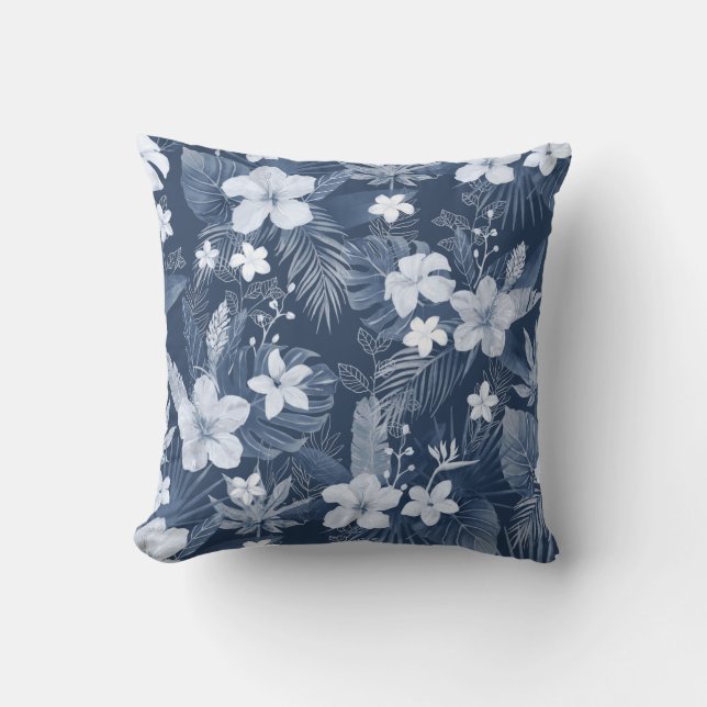  Blue White Palm Leaves Tropical Flowers Throw Pillow (Front)