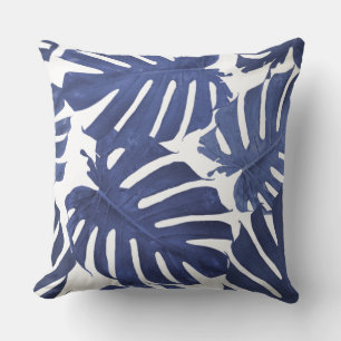 Blue & White Palm Tropical Leaves Pattern Throw Pillow