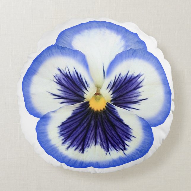 Blue & White Pansy Flower Round Pillow (Front)